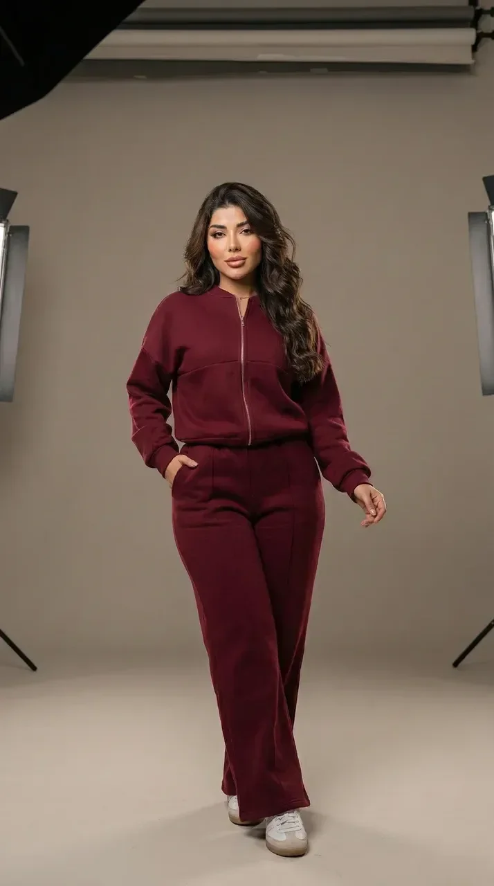 Ensemble de survêtement bordeaux élégant avec veste zippée et pantalon à jambe droite
